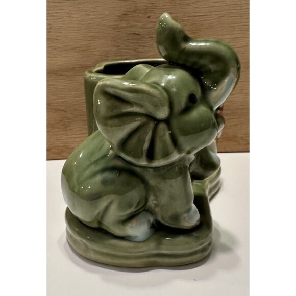Vintage Ceramic Elephant Planter Vase  Lucky Trunk Up Elephant  Green Succulent - Picture 2 of 9